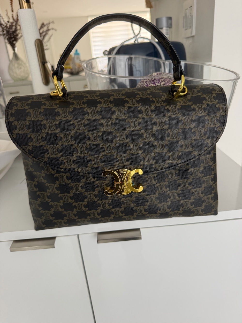 Black & Brown Triomphe Top-Handle Bag with Gold Hardware